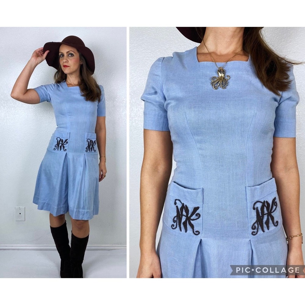 vintage 30s/40s Baby Blue EMBROIDERED POCKETS Linen Day DRESS xs/s full skirt
